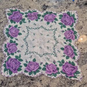 Handkerchief, Vintage White & Purple Rose Cotton 13" x 12", see damage in photos